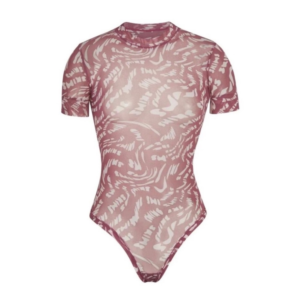 SKIMS NWT Women’s Summer Mesh Raspberry Swirl T-Shirt Thong Bodysuit‎ Size XS